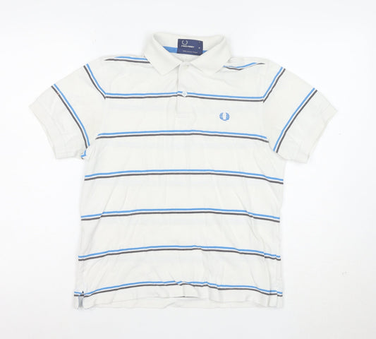 Fred Perry Men's White Striped Cotton Polo Shirt Size M