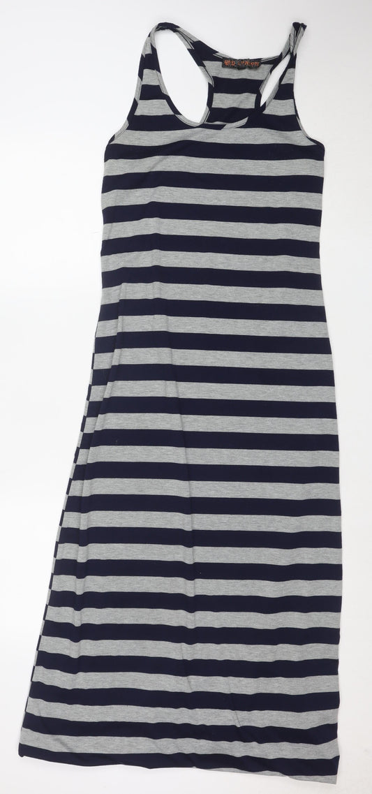Red London Women's Navy Grey Striped Sleeveless Long Tank Dress M