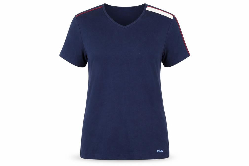 Front view of Fila women’s blue v-neck slim fit short sleeve t-shirt, size L