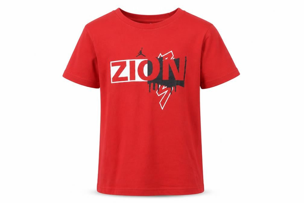 Front view of Jordan boys’ red zion graphic print t-shirt, size 12-13, years