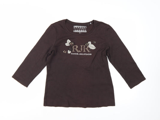 Rocha.John Rocha Women Brown 3/4 Sleeve Cotton Top Size 14