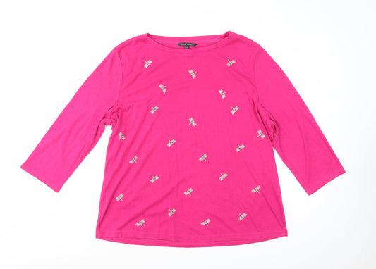 Love TEES Women's Pink Embroidered Dragonfly 3/4 Sleeve T-Shirt Size 22