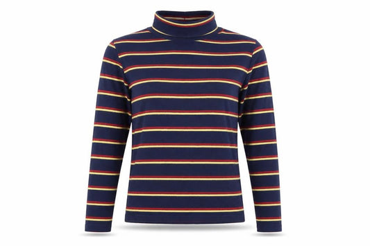 Pop England Women's Blue Striped Roll Neck Long Sleeve Cotton Top Size S