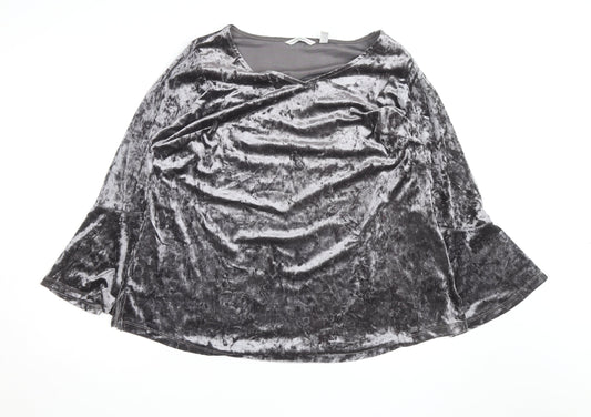 Isaac Mizrahi Live Women's Grey Velvet V-Neck Bell Sleeve 2XL Blouse