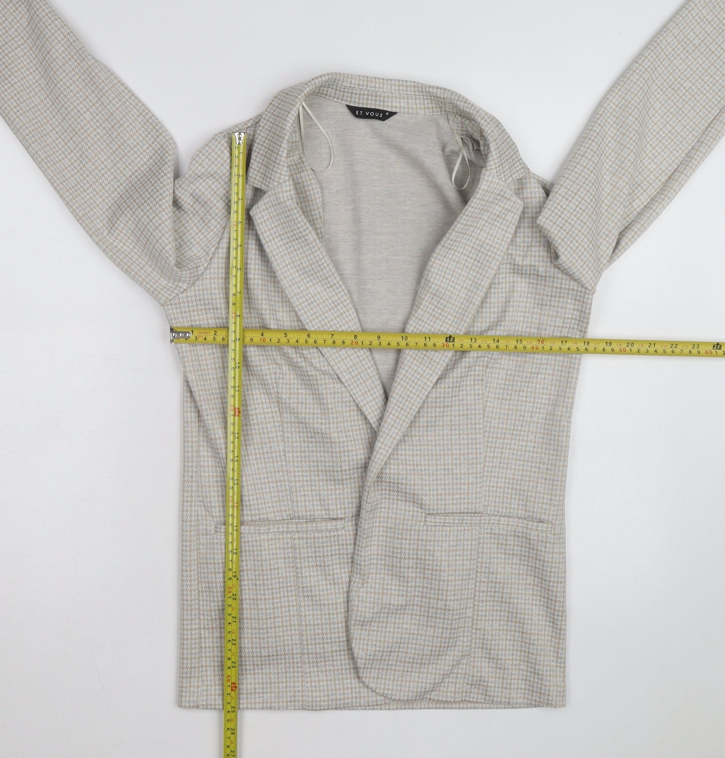 Et Vous Women's Beige Check Blazer Size 8 Classic Mid-Length Jacket