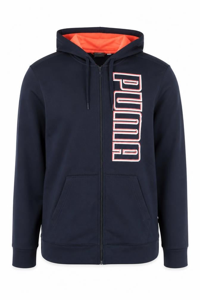 Front view of Puma men’s blue full zip hoodie, size L, sports fleece sweatshirt