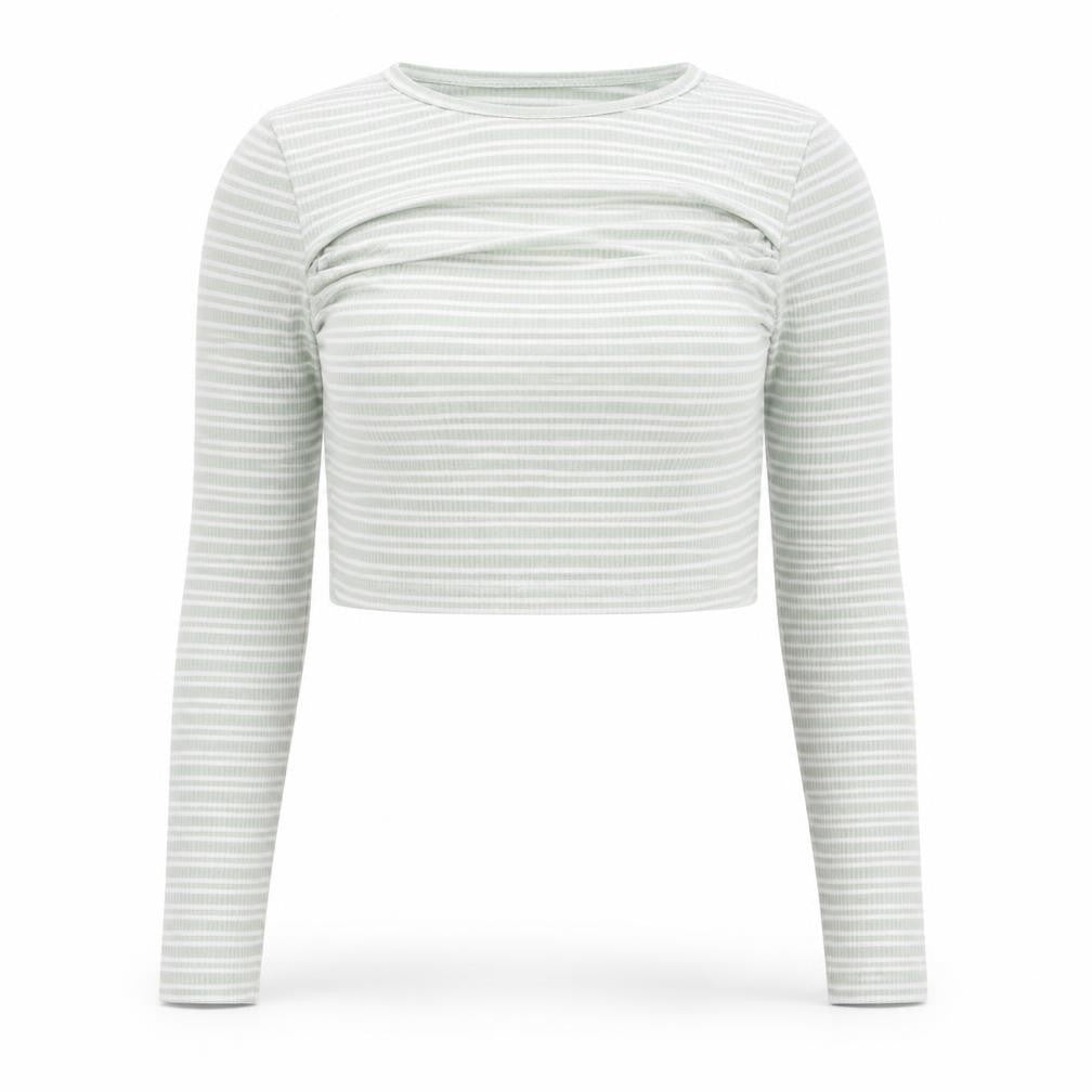 Pink Vanilla Women's Green Striped Cropped Long Sleeve T-Shirt Size M