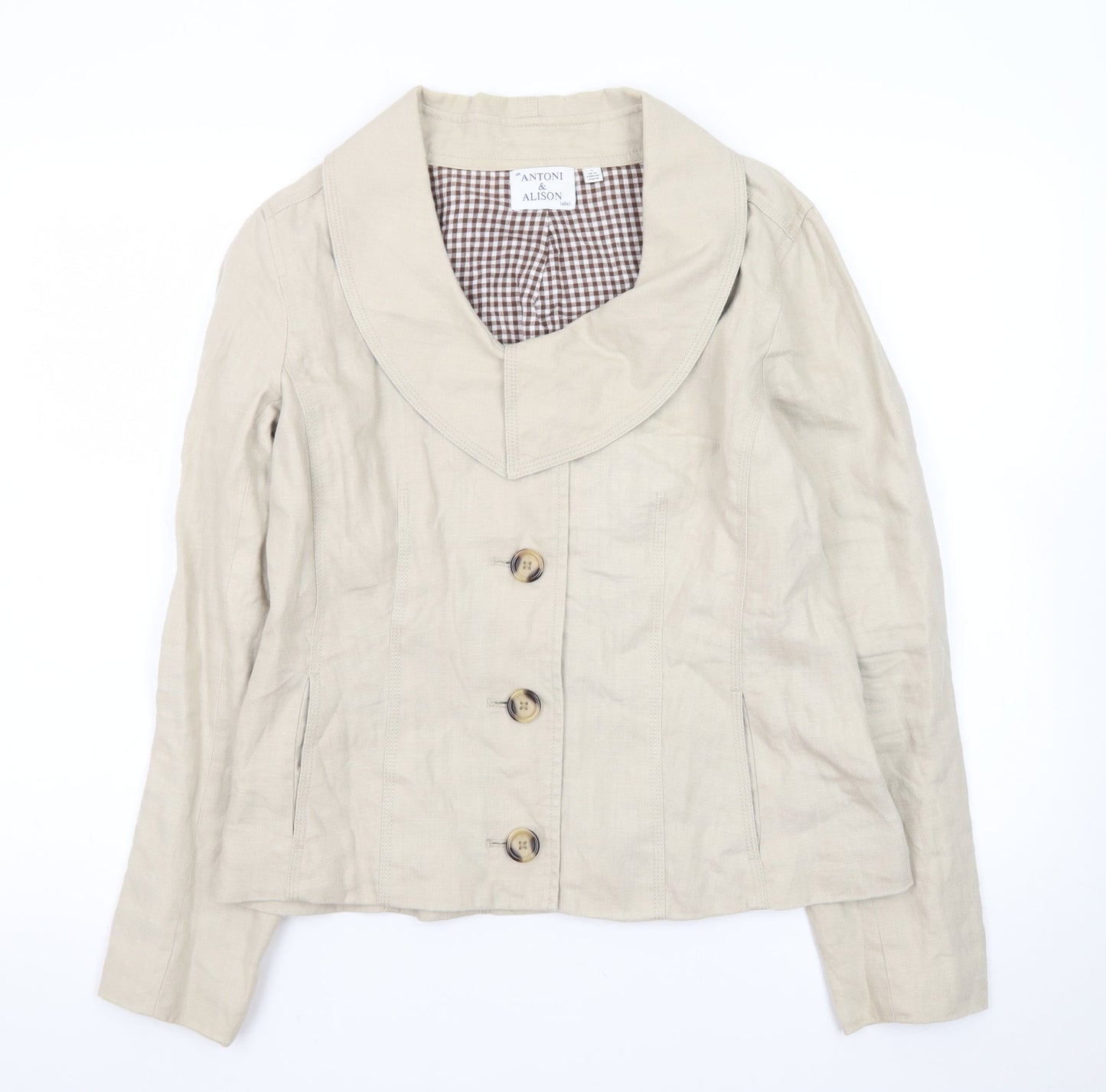 Antoni & Alison Women Beige Linen Blazer UK 14 Classic Buttoned Jacket