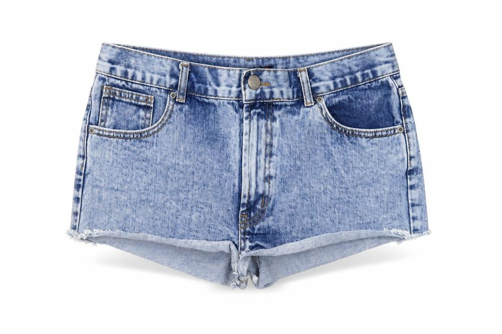 Front view of BDG Women Blue Cut-Off Denim Shorts, size 16