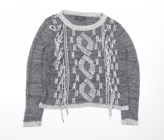 Next Women Grey Chunky-Knit Fringe Pullover Jumper Size 12