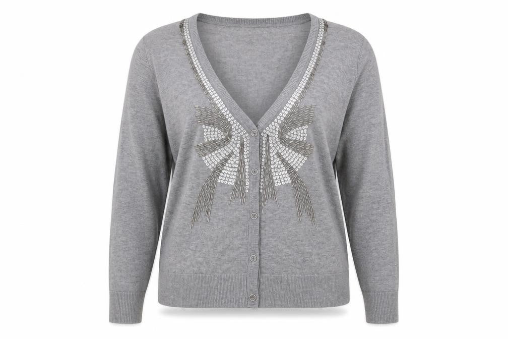 Front view of Be Beau Women's Grey Sequin V-Neck Cardigan, size 18