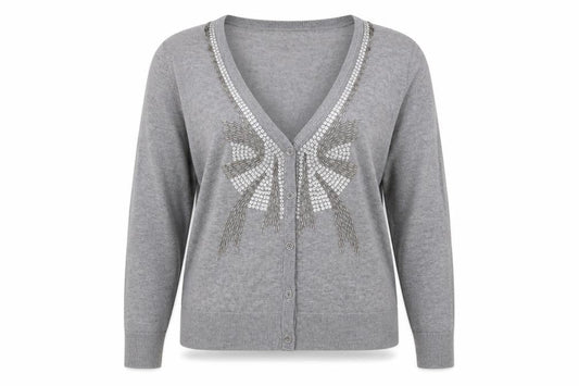 Front view of Be Beau Women's Grey Sequin V-Neck Cardigan, size 18