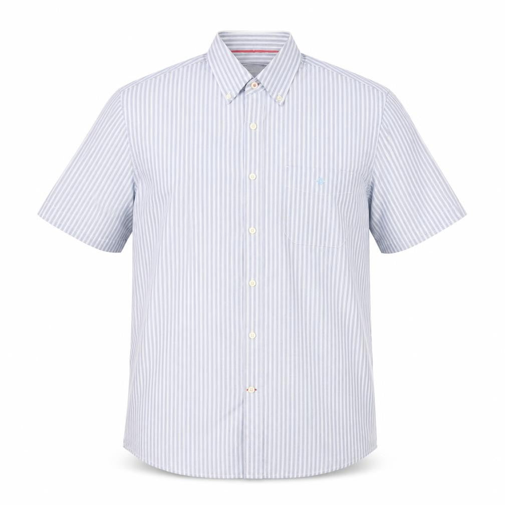 Front view of Maine New England men’s blue striped short sleeve button-up shirt m