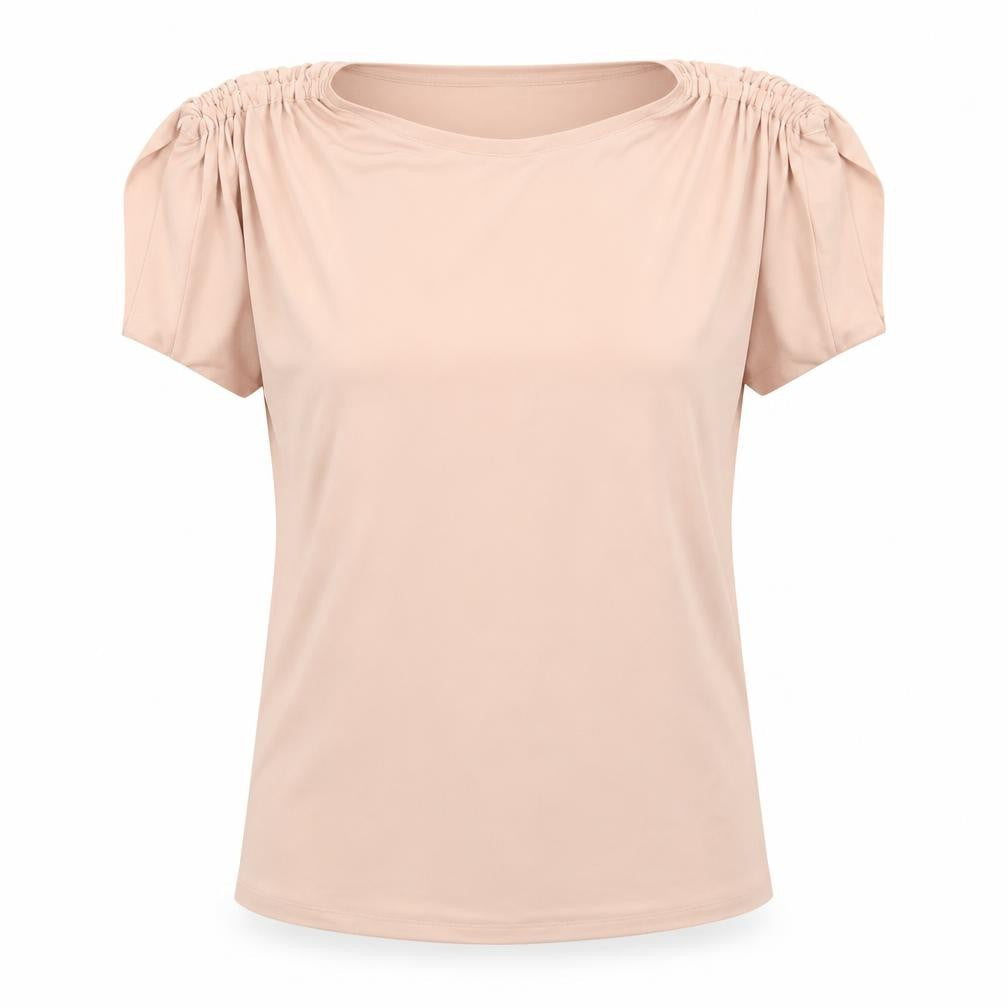 Front view of Soon Women’s Beige Tunic Blouse, size UK 14, Short Sleeve Stretch Top