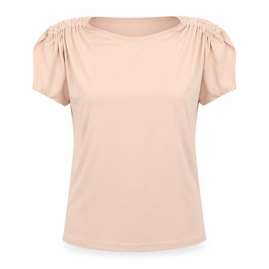 Front view of Soon Women’s Beige Tunic Blouse, size UK 14, Short Sleeve Stretch Top