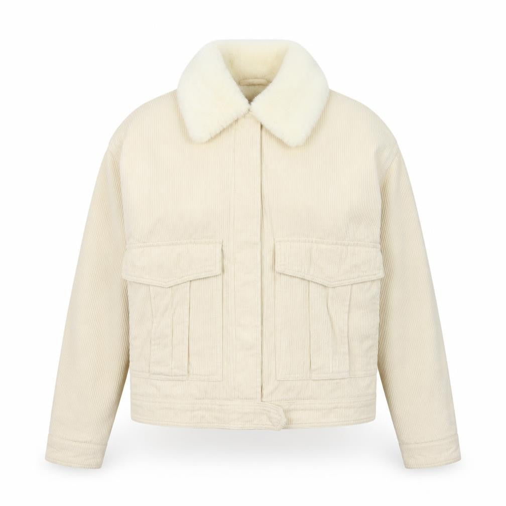Front view of Denim Co. Women's Ivory Corduroy Bomber Jacket, size 6, Faux Fur Collar