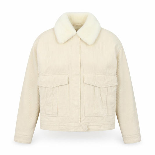 Front view of Denim Co. Women's Ivory Corduroy Bomber Jacket, size 6, Faux Fur Collar