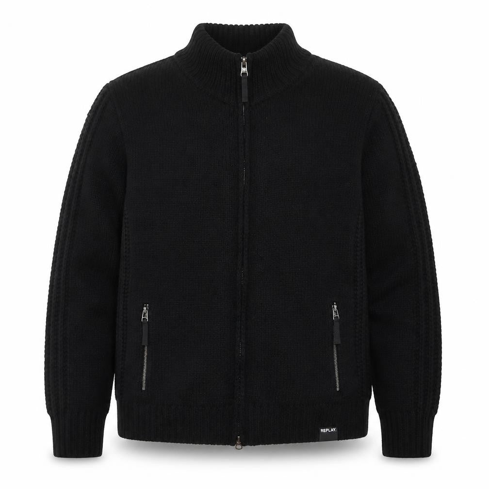 Replay Men's Black XL Full Zip Knit Wool Blend Jumper