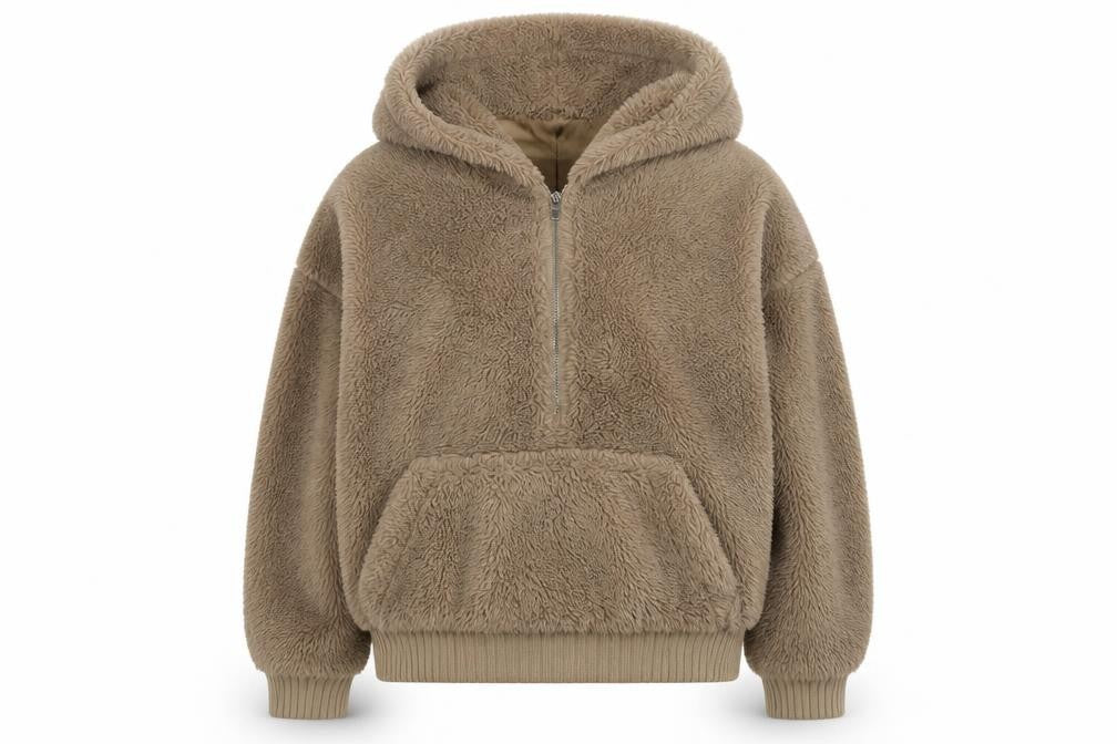 QED London Women Beige 1/2 Zip Hooded Pullover Fleece Sweatshirt S/M