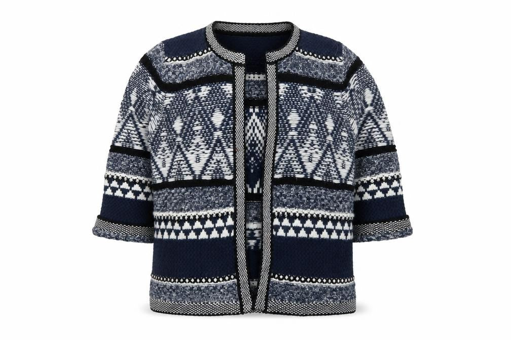 Front view of Falmer Heritage Women's Blue Geometric Knit Cardigan, size 12