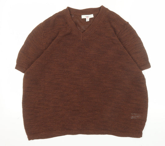 Marks and Spencer Men's Brown Cotton Blend V-Neck Short Sleeve Jumper L
