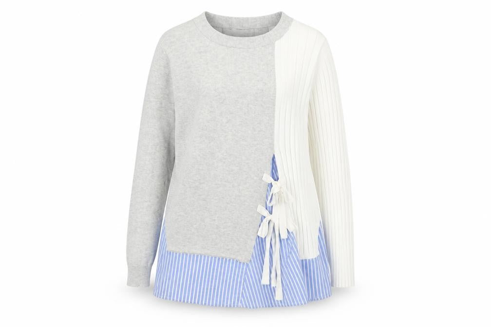 Front view of French Connection women’s grey white cotton jumper m bow detail