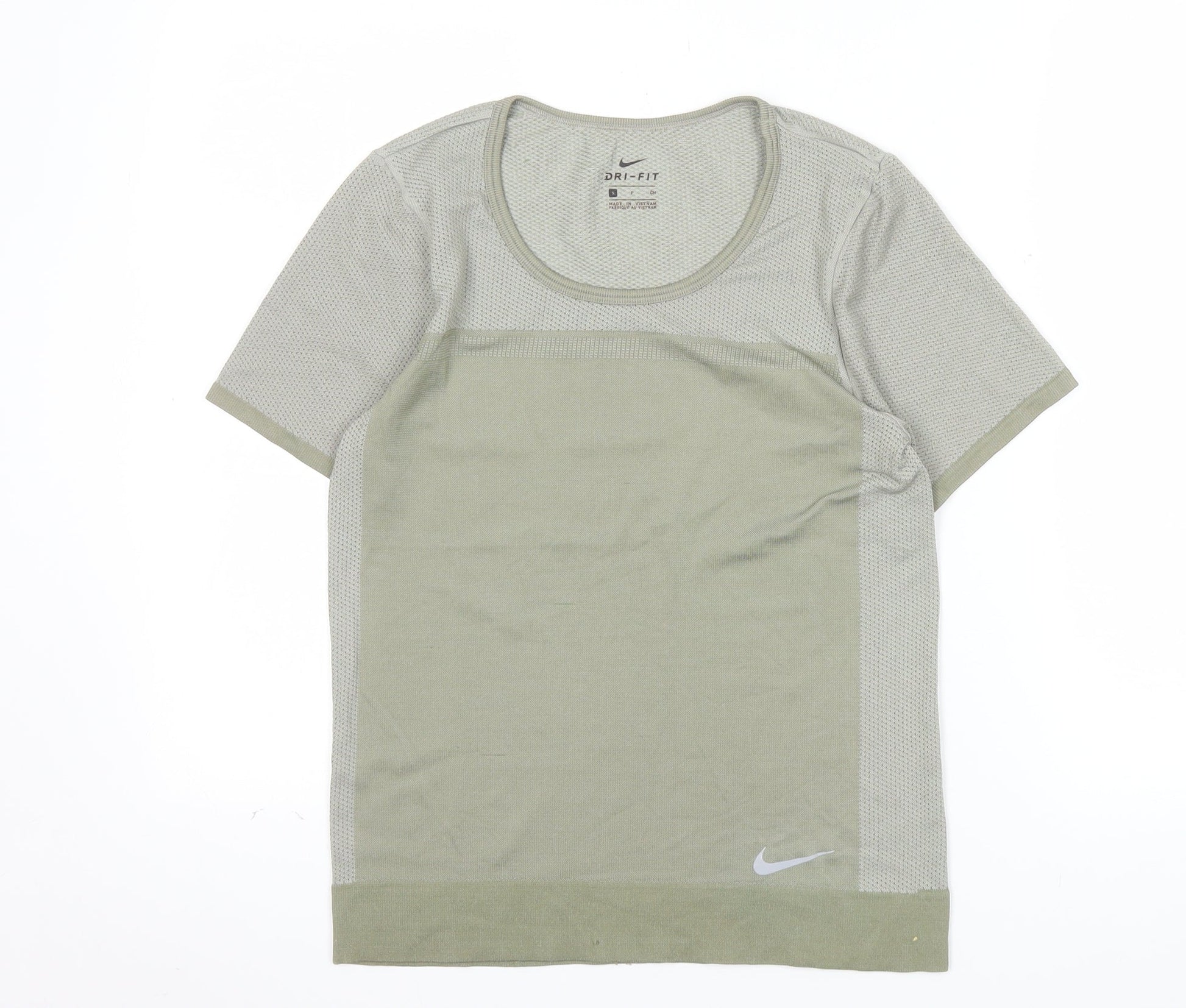 Prewornwholesale green racerback sports bra with medium support and seamless construction for activewear.
