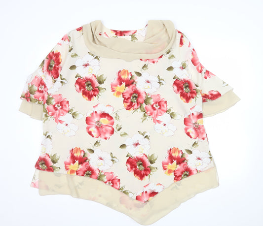 Bemark Womens Beige Floral Chiffon Tunic Blouse 2XL Short Sleeve