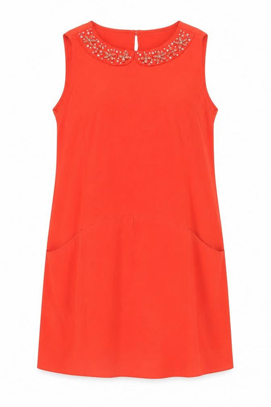 F&F Women Red Beaded Collar Sleeveless Shift Dress Size 18