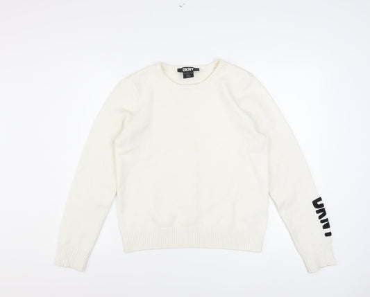 DKNY Women's Ivory Pullover Knit Jumper M Crew Neck Logo Sleeve
