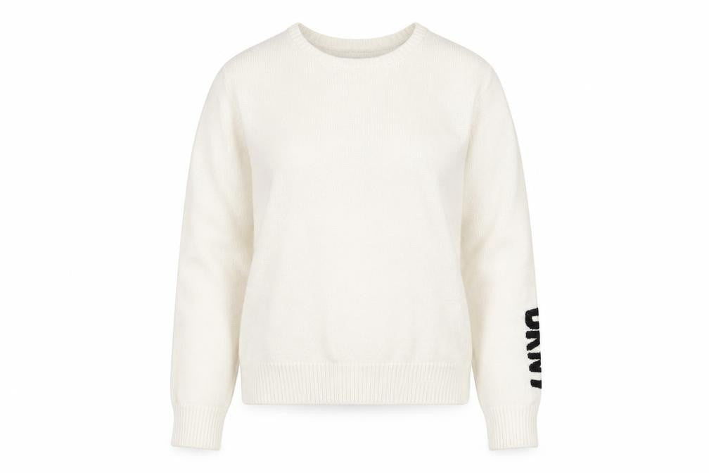 DKNY Women's Ivory Pullover Knit Jumper M Crew Neck Logo Sleeve
