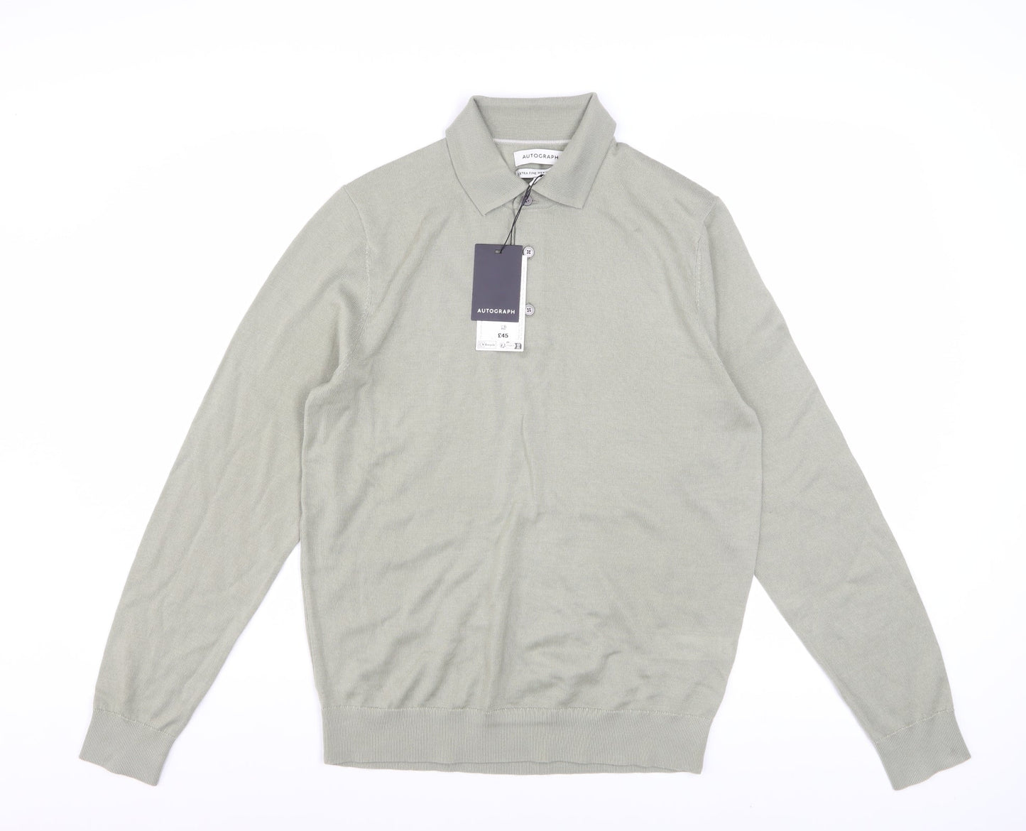 Marks and Spencer Men Light Olive Merino Wool Collared Pullover S