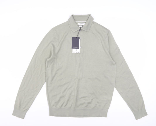 Marks and Spencer Men Light Olive Merino Wool Collared Pullover S