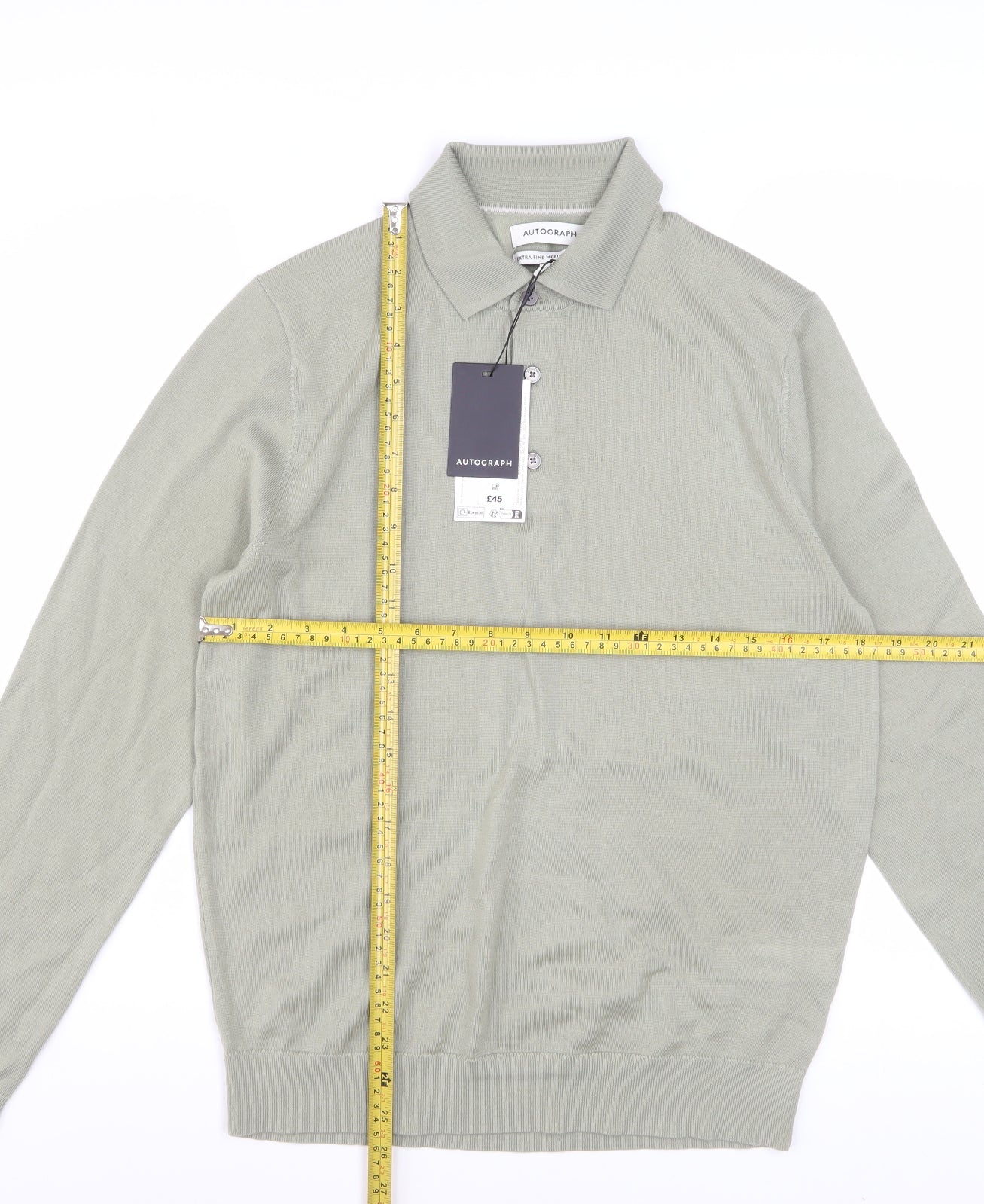 Marks and Spencer Men Light Olive Merino Wool Collared Pullover S