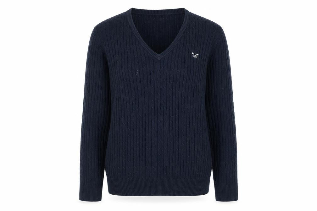 Front view of Crew Clothing Women's Blue V-Neck Cable Knit Jumper, size 14