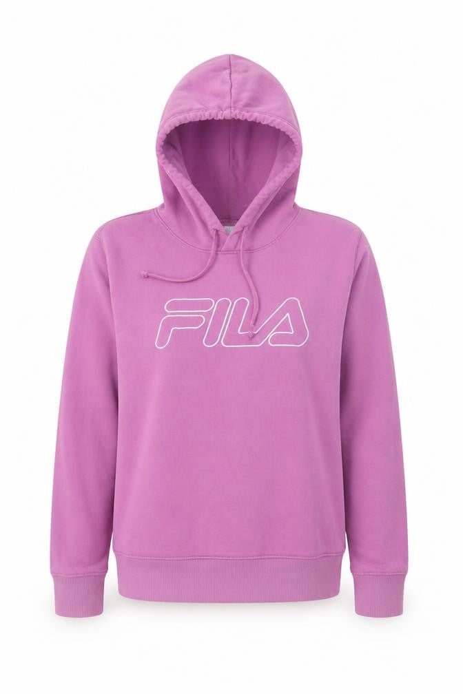 Front view of Fila Women Pink Pullover Hoodie UK 14 Stylish Logo Cotton Blend