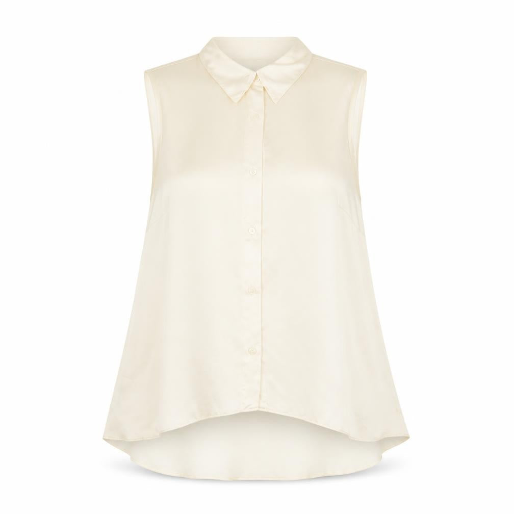Front view of Be Beau women’s ivory sleeveless collared blouse, size UK 12