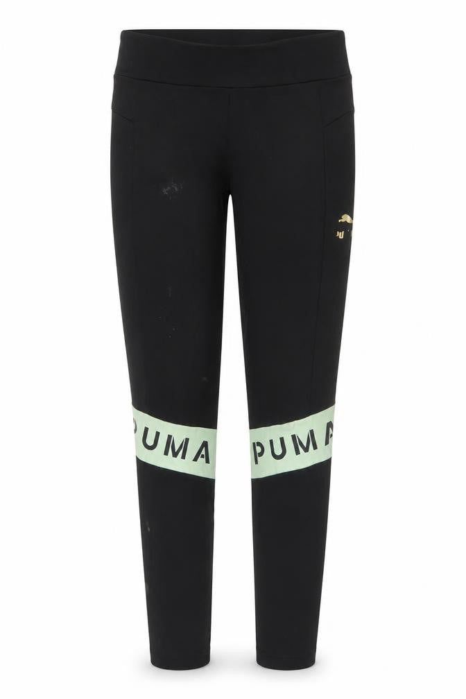 Front view of Puma girls’ black 13-14 years activewear leggings with logo print