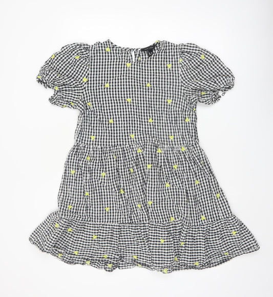 New Look Women's Black Gingham Embroidered Puff Sleeve A-Line Dress Size 10