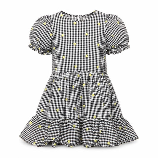 New Look Women's Black Gingham Embroidered Puff Sleeve A-Line Dress Size 10