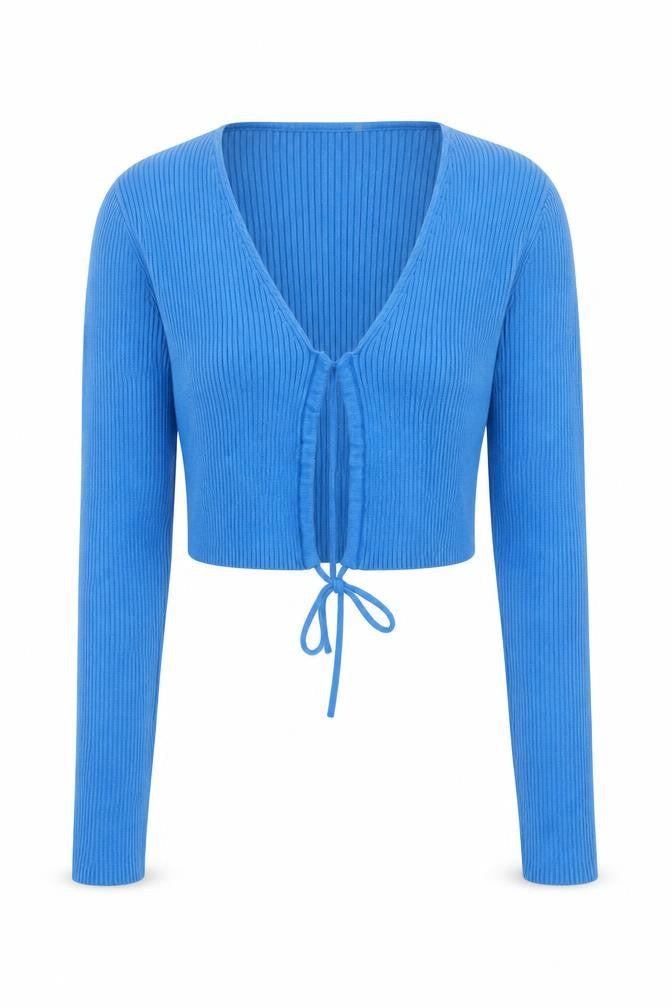 Zara Women’s Blue V-Neck Long Sleeve Ribbed Tie Cardigan Size 8