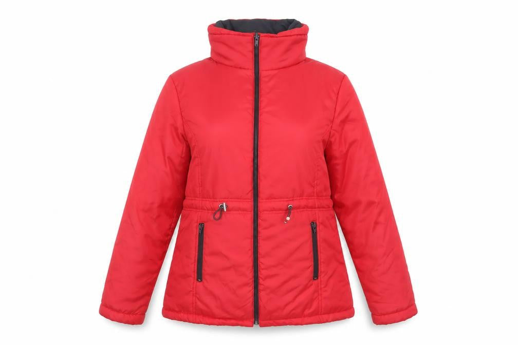 Front view of Anne De Lancay women’s red puffer jacket, size S, full zip winter coat
