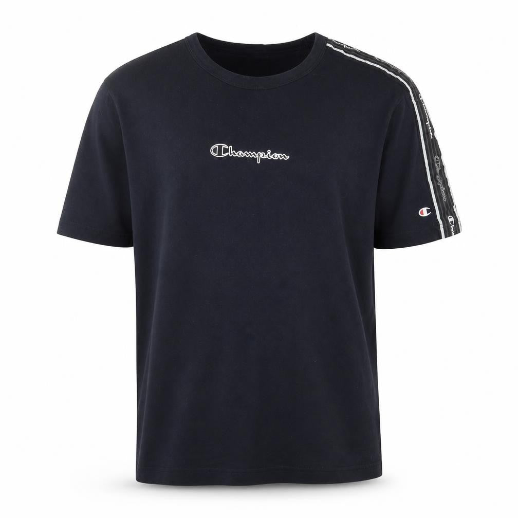 Champion Men's Black Medium Crew Neck Cotton T-Shirt with Logo Tape Trim