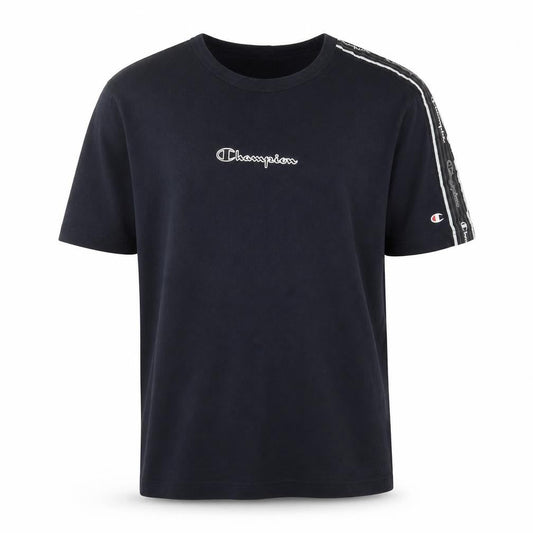 Champion Men's Black Medium Crew Neck Cotton T-Shirt with Logo Tape Trim