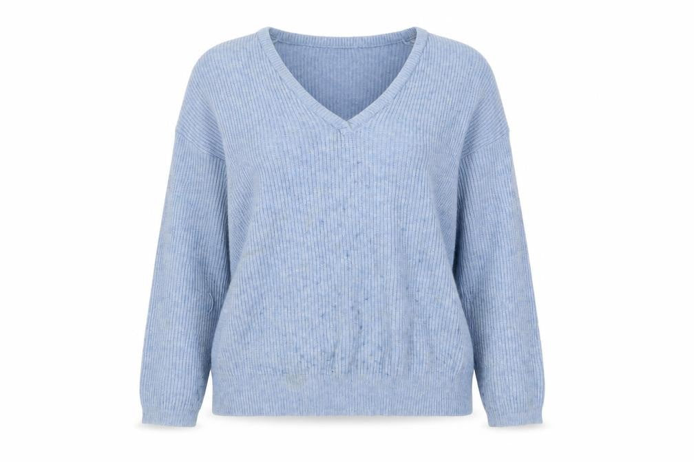 Pull&Bear Women's Blue V-Neck Ribbed Knit Jumper Size S