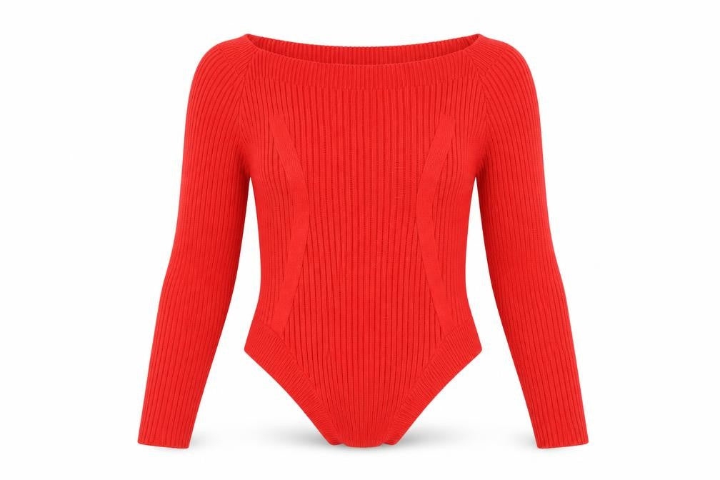 Front view of ASOS DESIGN Women Red, size 14, Boat Neck Slim Fit Ribbed Jumper