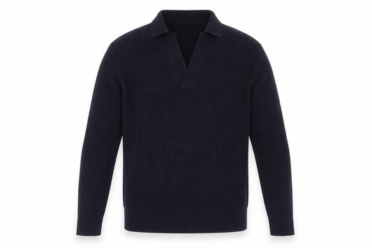 Massimo Dutti Men's Blue Cotton Collared Ribbed Jumper Size M