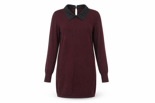 Oasis Womens Brown Beaded Collar Shift Dress XS Long Sleeve