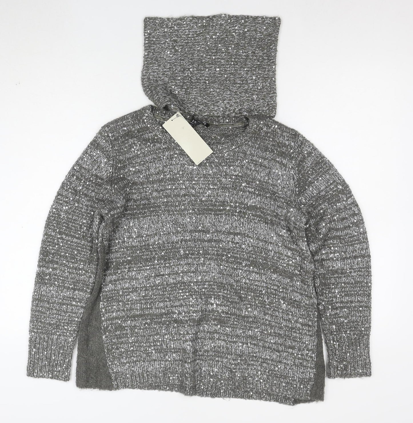 Next Women’s Grey Sequin Wool Blend Hooded Cowl Neck Jumper Size 10