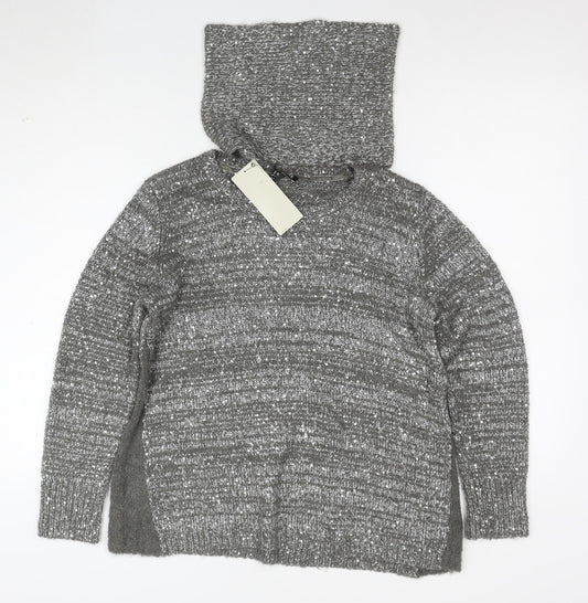 Next Women’s Grey Sequin Wool Blend Hooded Cowl Neck Jumper Size 10